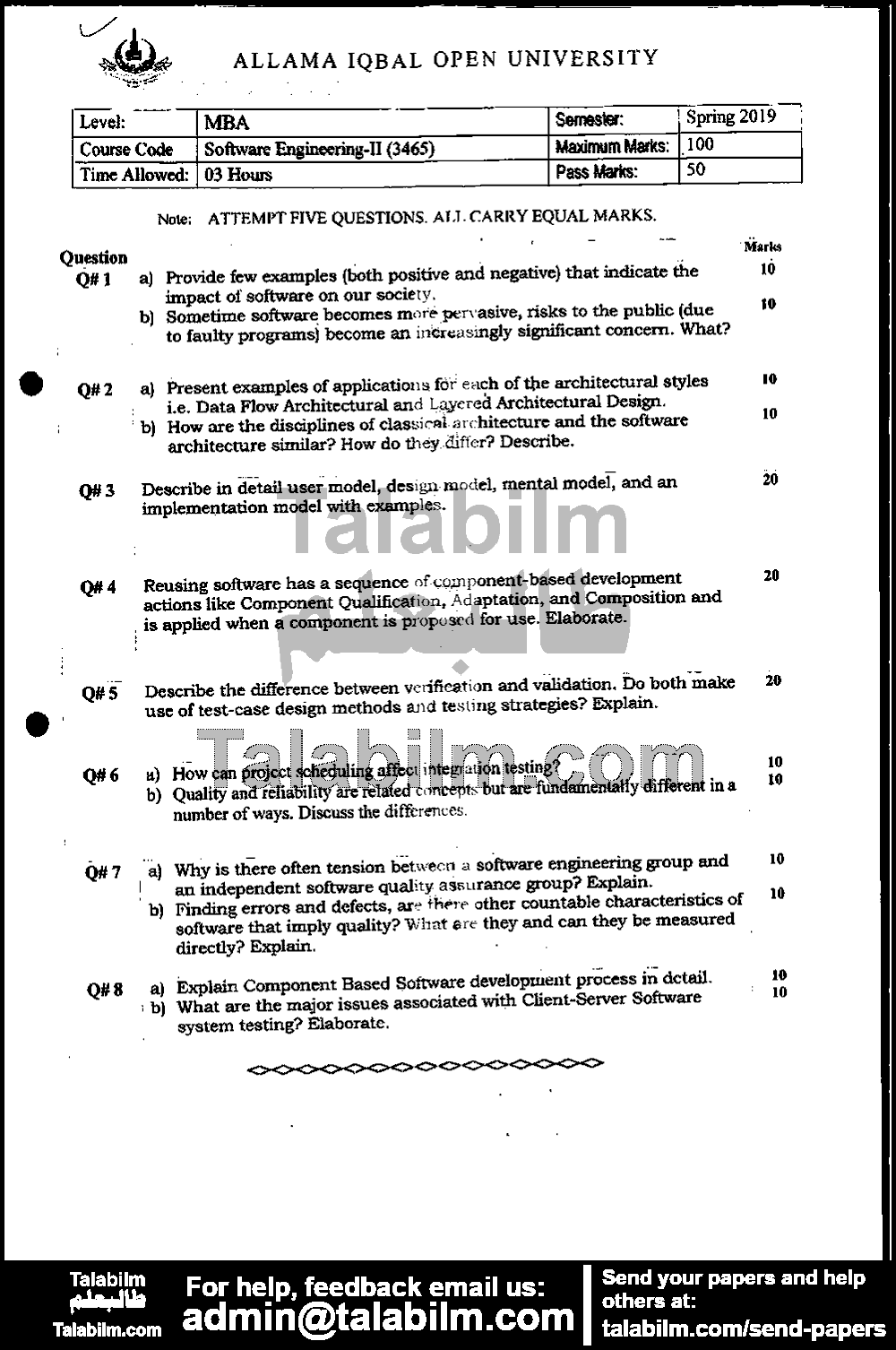 Software Engineering–II 3465 past paper for Spring 2019 Page No. 2