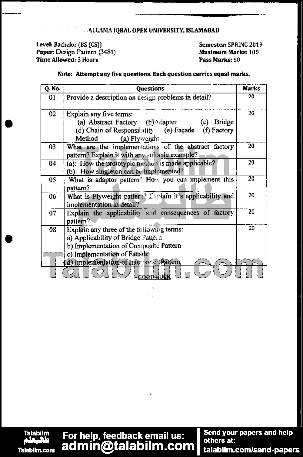 Design Patterns Code No 3481 Spring 2019 Past Papers AIOU TalabIlm