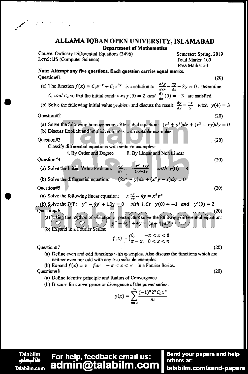 Ordinary Differential Equations 3496 past paper for Spring 2019
