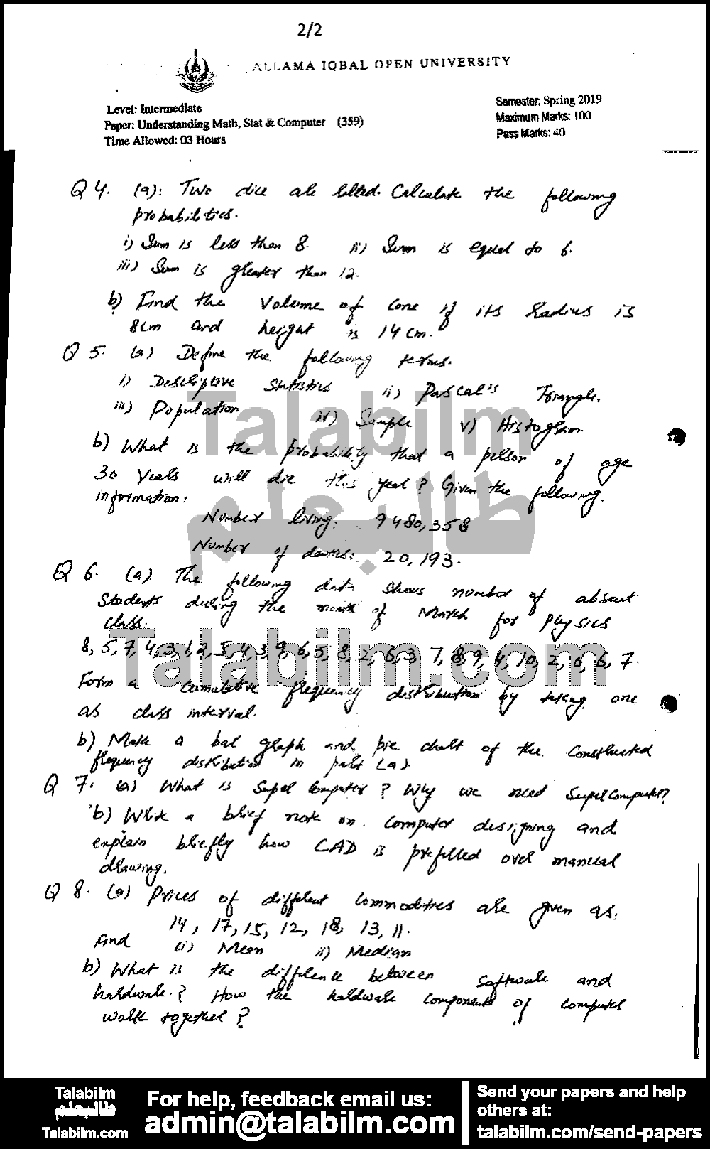 Understanding of Mathematics, Statistics and Computer 359 past paper for Spring 2019 Page No. 2