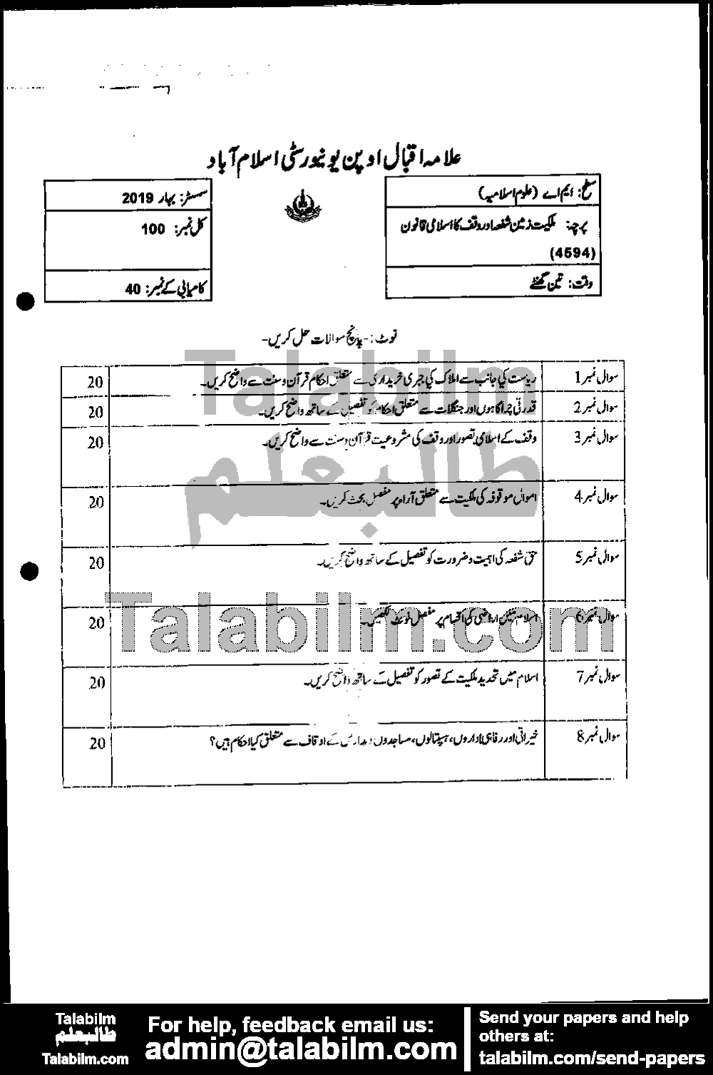 Sunnan Abudaud 4594 past paper for Spring 2019 Page No. 2