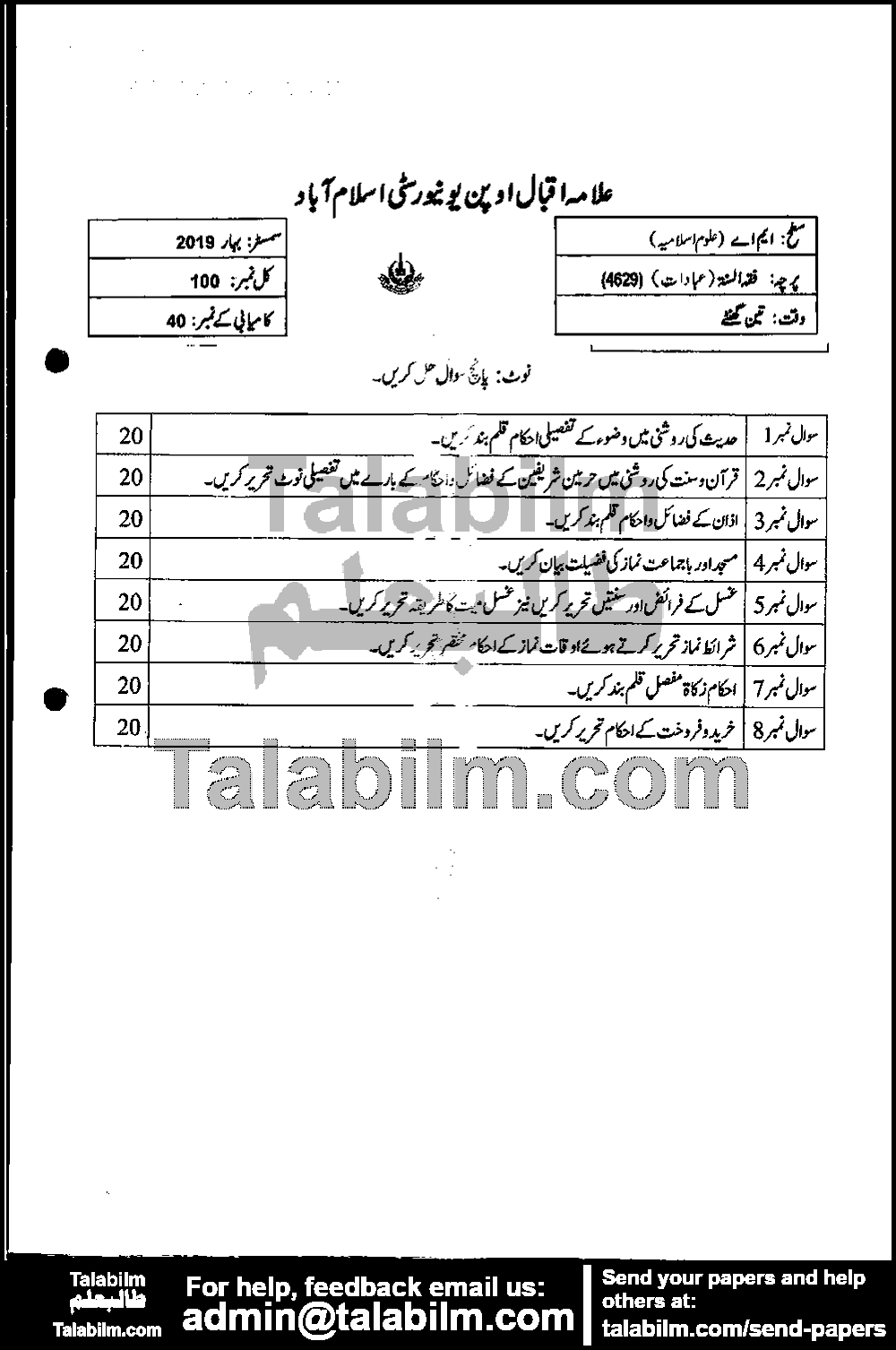 Fiqa-ul-Sunnah (Ibadat) 4629 past paper for Spring 2019