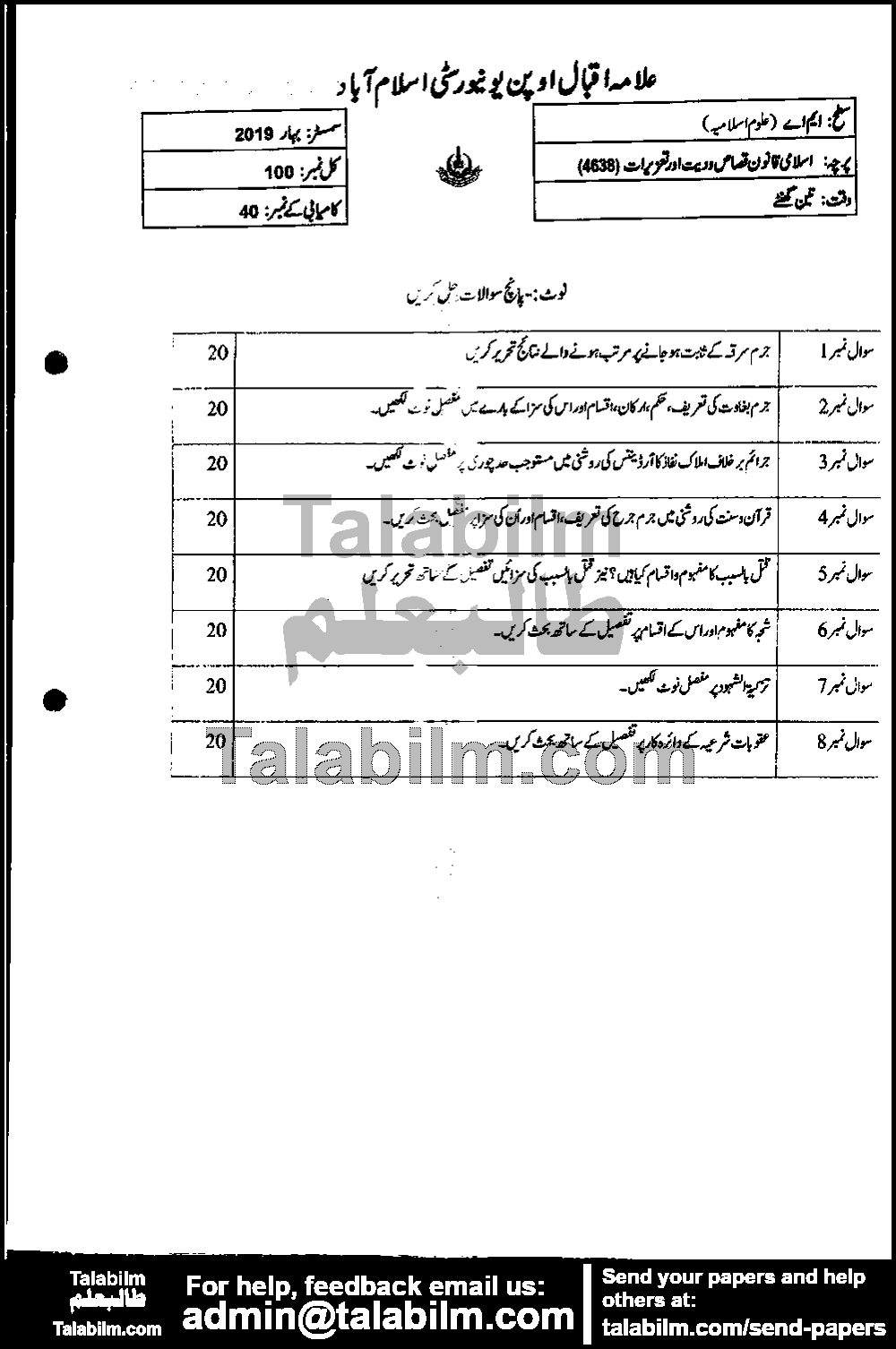 Islamic Law of Qasas, Diyat & Tazirat 4638 past paper for Spring 2019