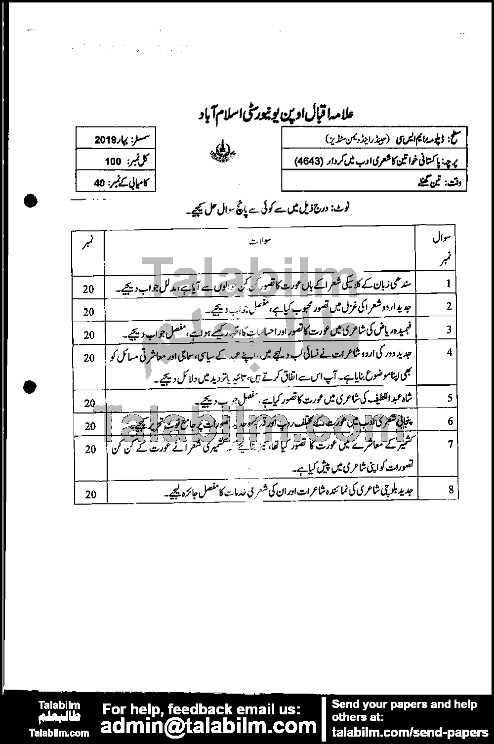 Pakistani Khawateen Ka Sheiri Adab Main Kirdar 4643 past paper for Spring 2019