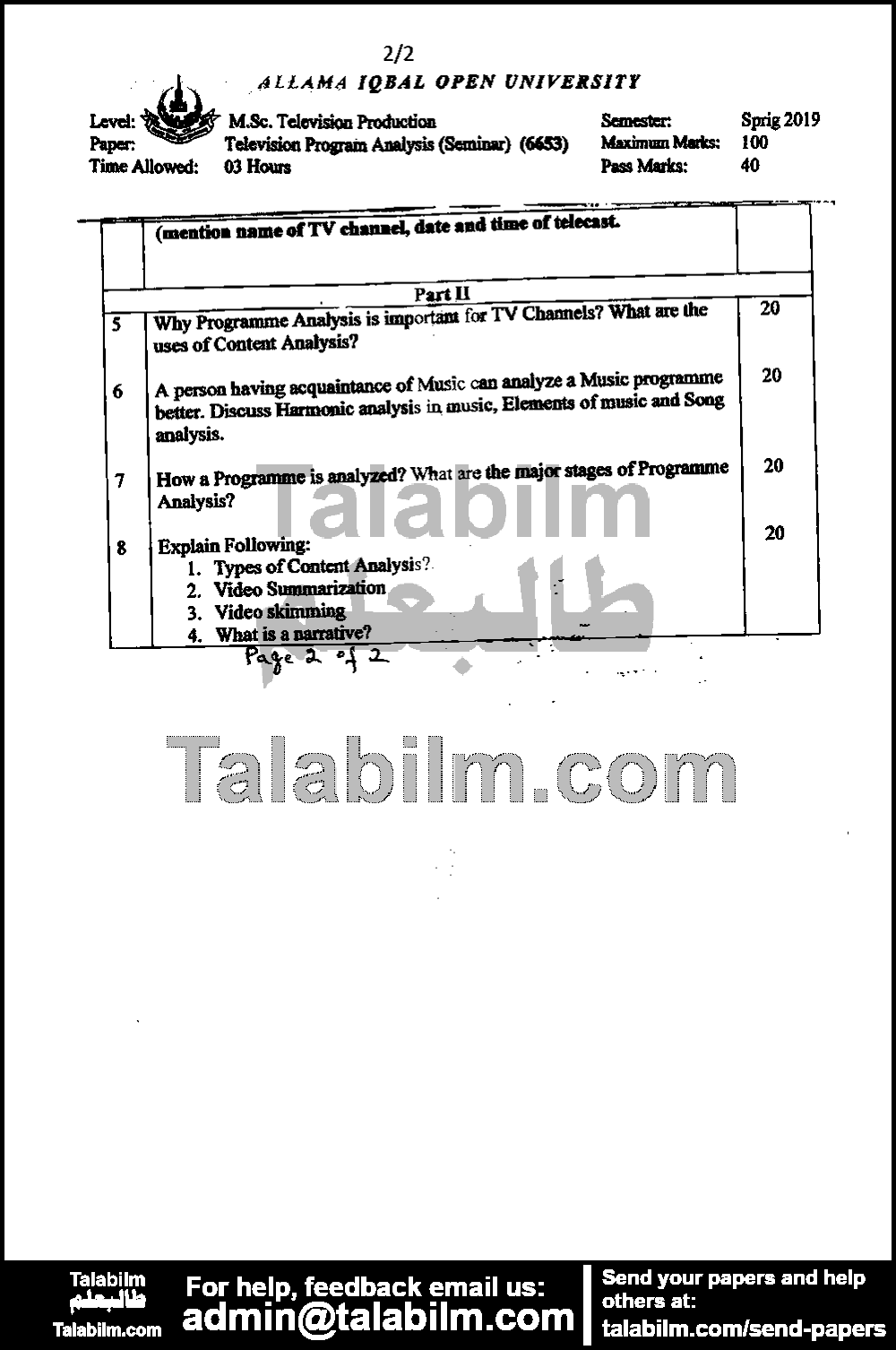 Television Program Analysis (Seminar) 6653 past paper for Spring 2019 Page No. 2