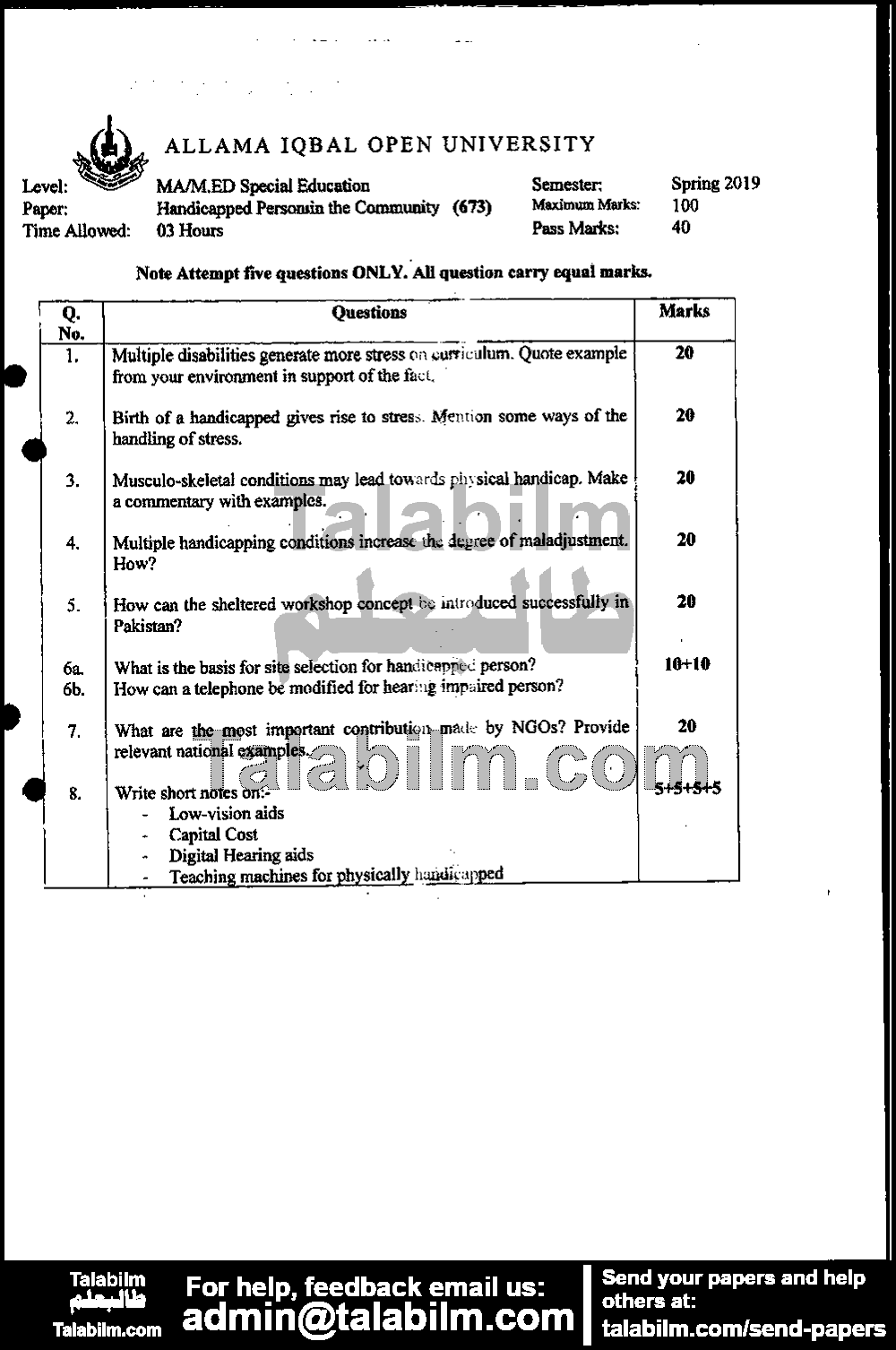 Handicapped Person in the Community 673 past paper for Spring 2019