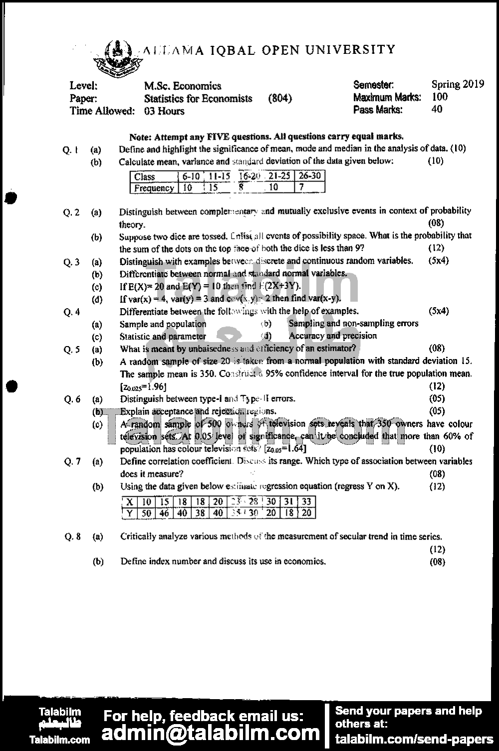 Statistics for Economists 804 past paper for Spring 2019