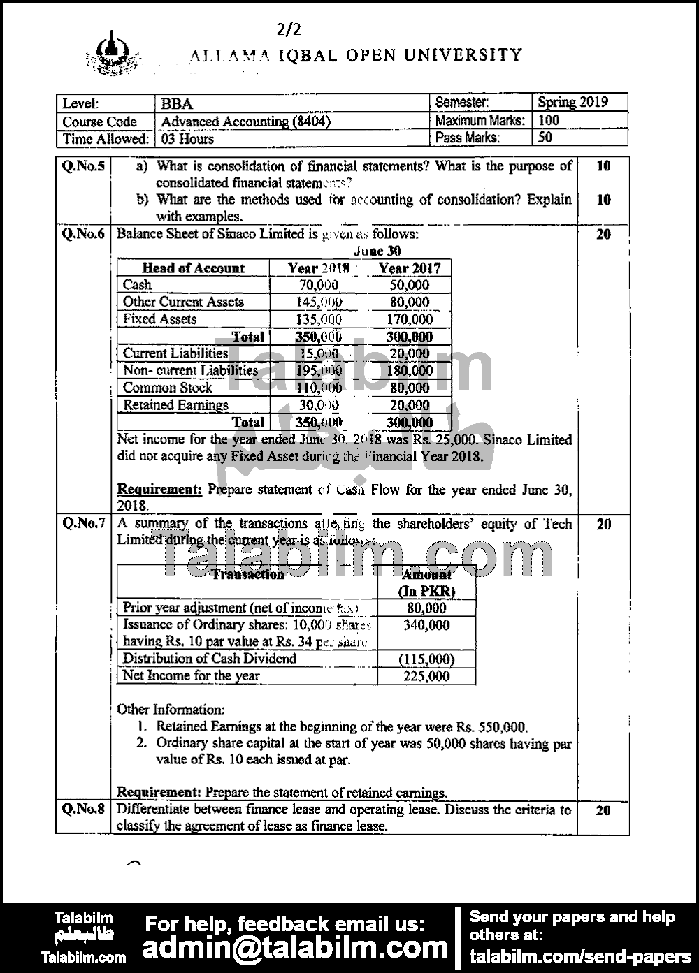 Advanced Accounting 8404 past paper for Spring 2019 Page No. 2