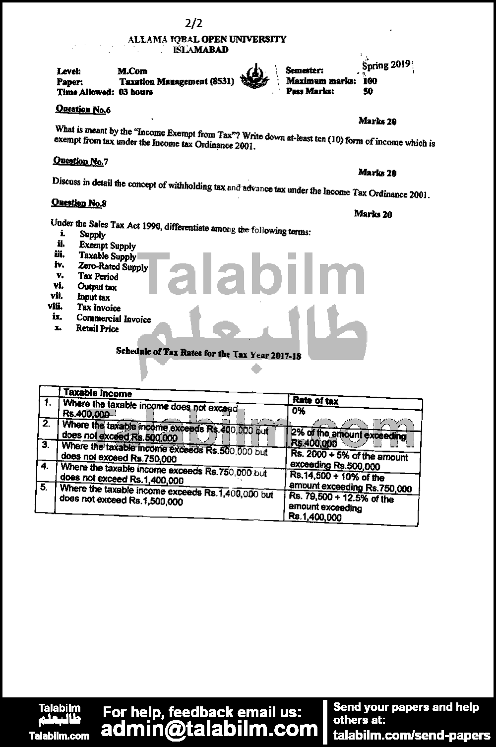 Taxation Management 8531 past paper for Spring 2019 Page No. 2