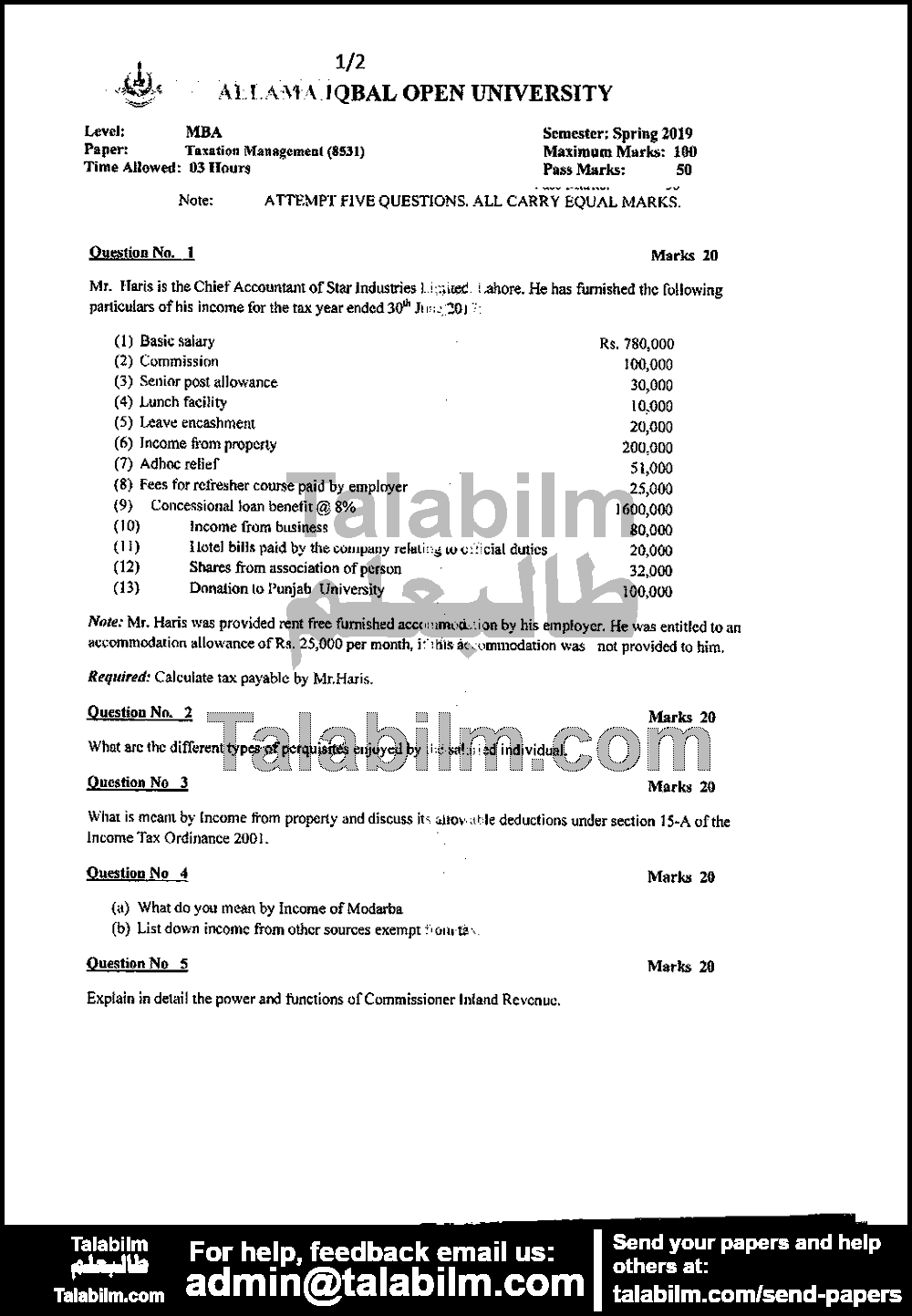 Taxation Management 8531 past paper for Spring 2019 Page No. 3