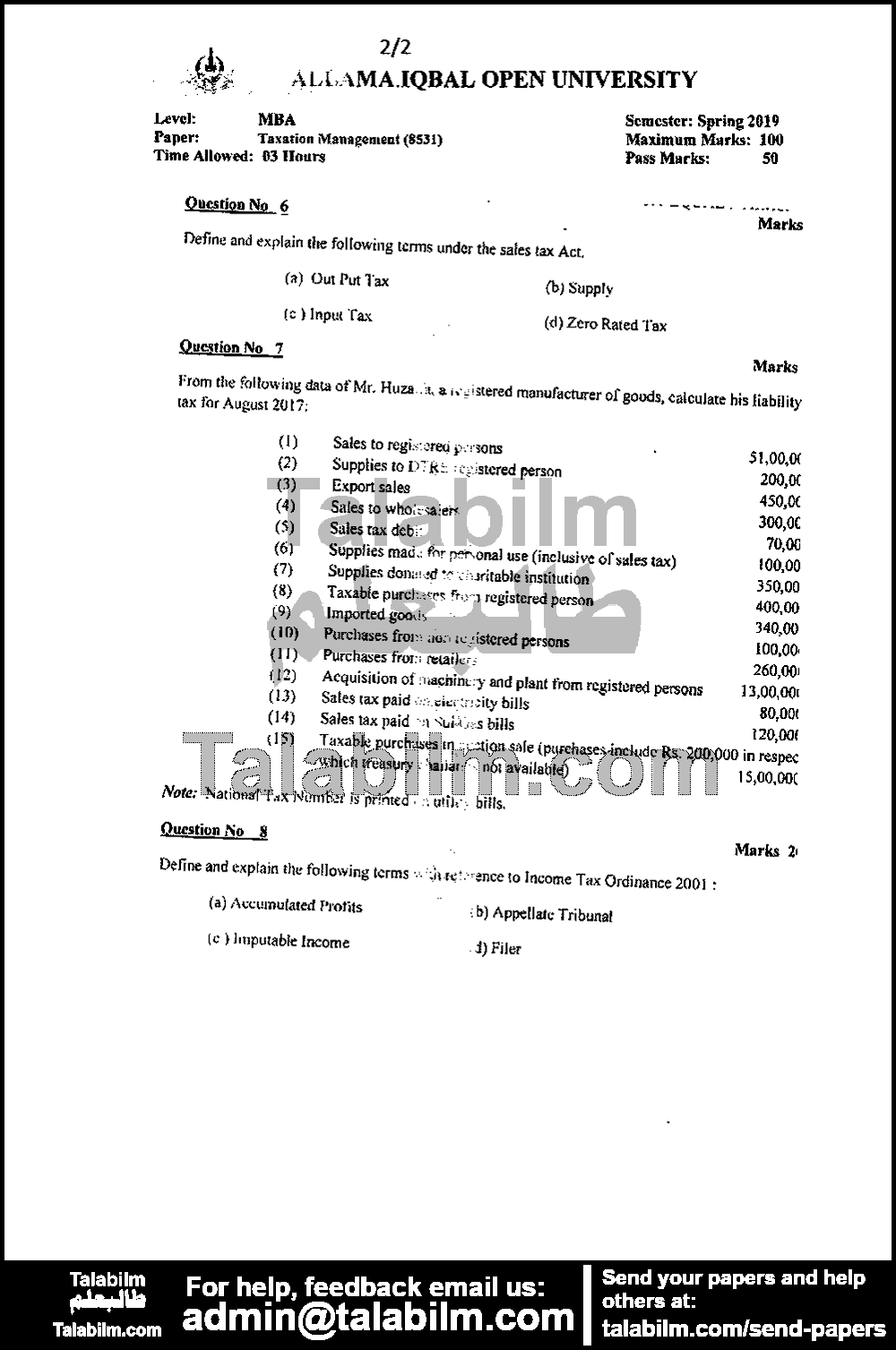 Taxation Management 8531 past paper for Spring 2019 Page No. 4