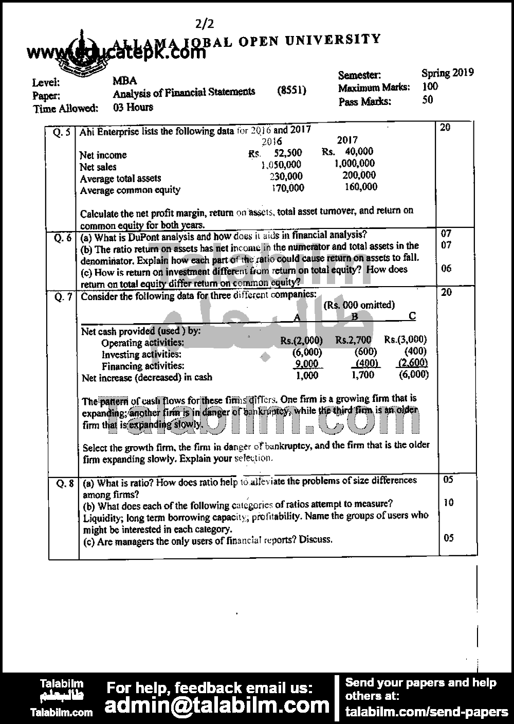 Analysis Of Financial Statements 8551 past paper for Spring 2019 Page No. 2