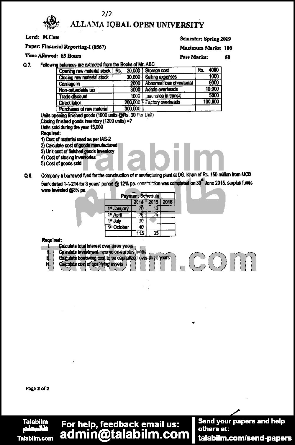Financial Reporting I 8567 past paper for Spring 2019 Page No. 2