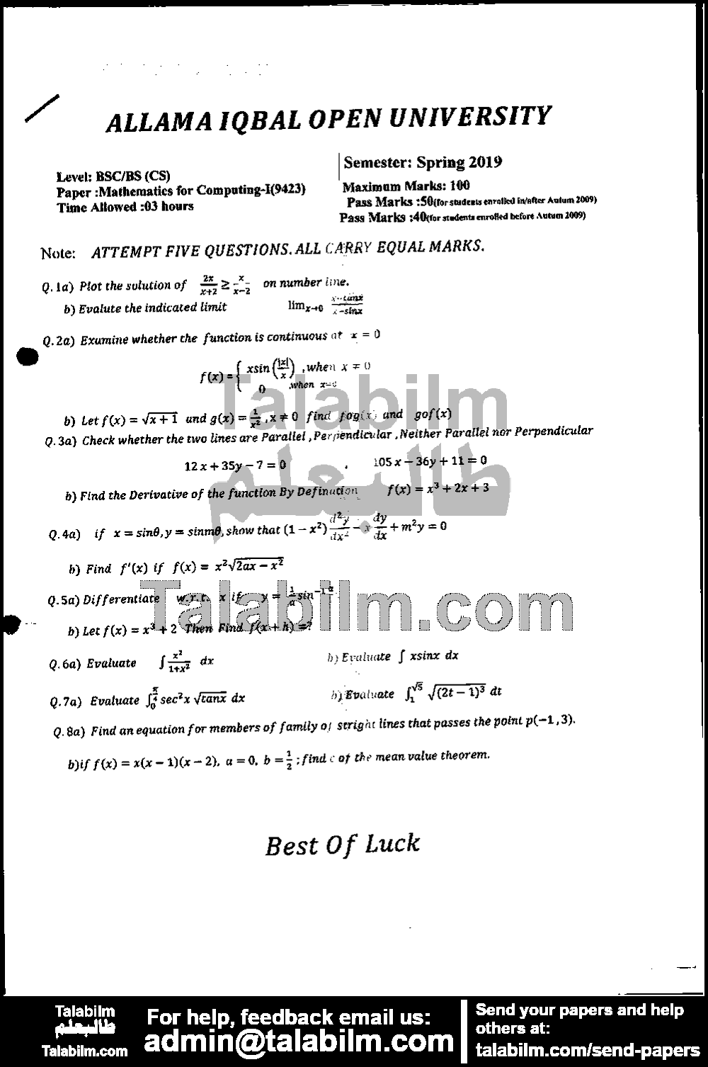 Mathematics for Computing-I 9423 past paper for Spring 2019 Page No. 2