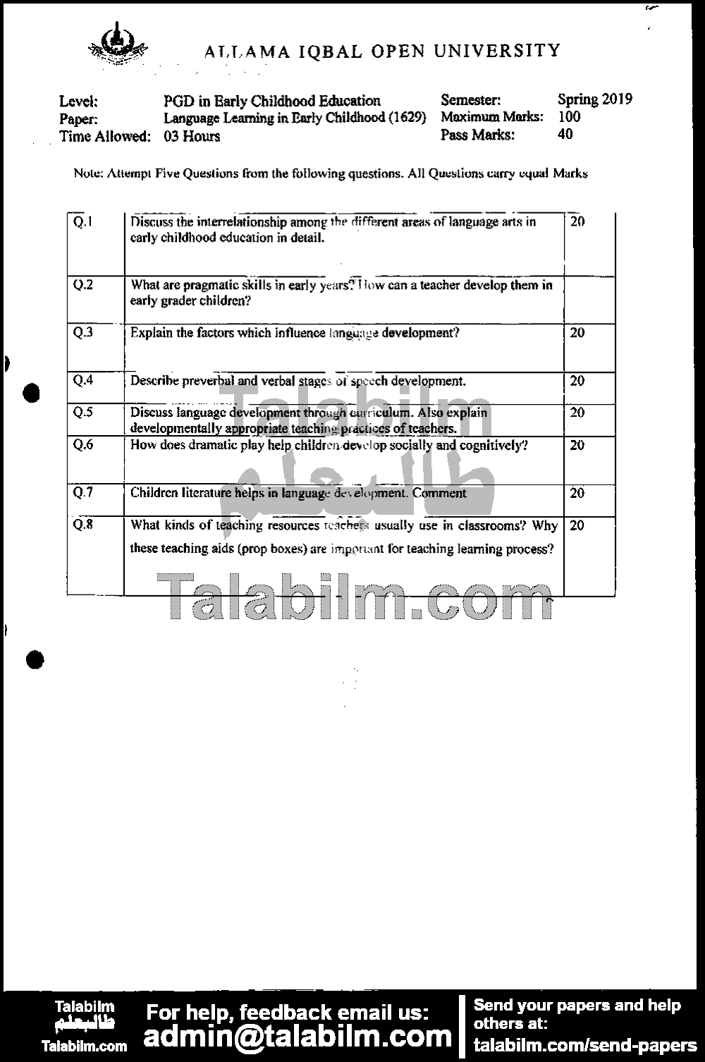 Language Learning in Eraly Childhood 1629 past paper for Spring 2019