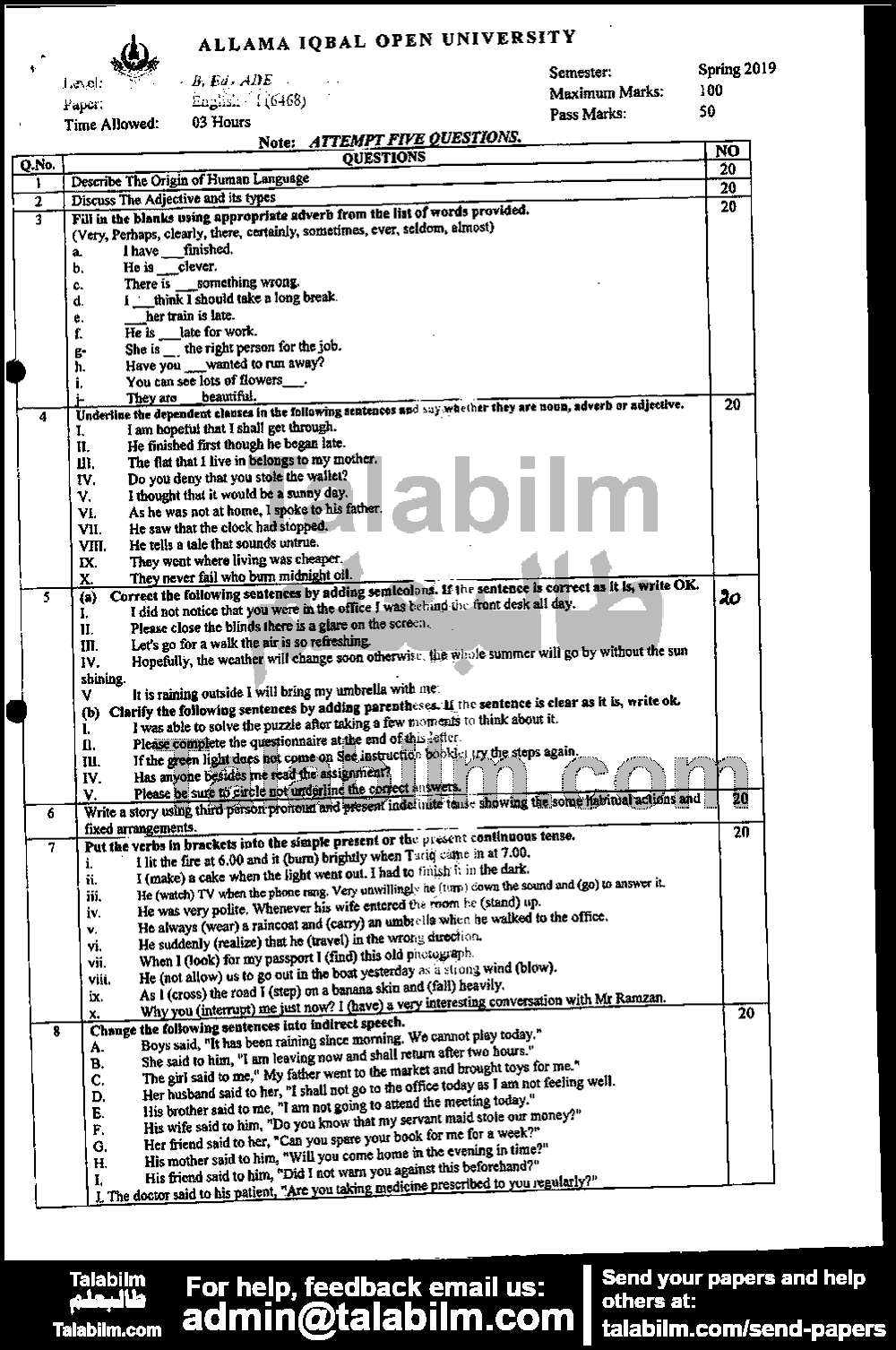 English-I 6468 past paper for Spring 2019