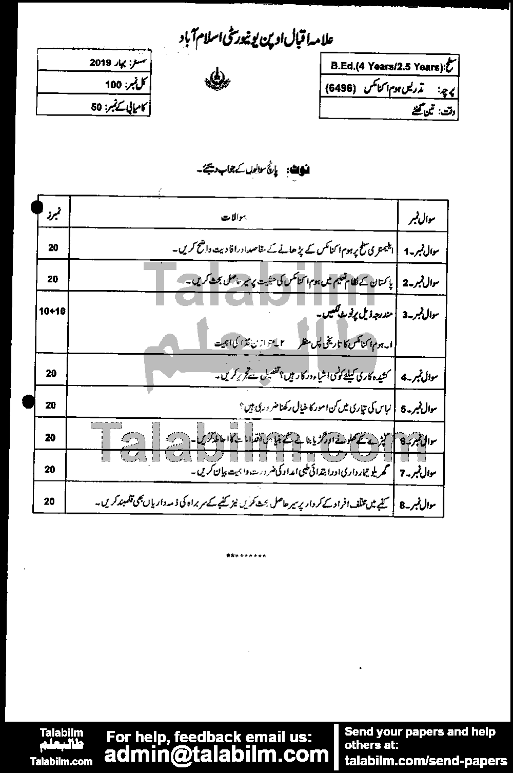 Teaching of Home Economics 6496 past paper for Spring 2019