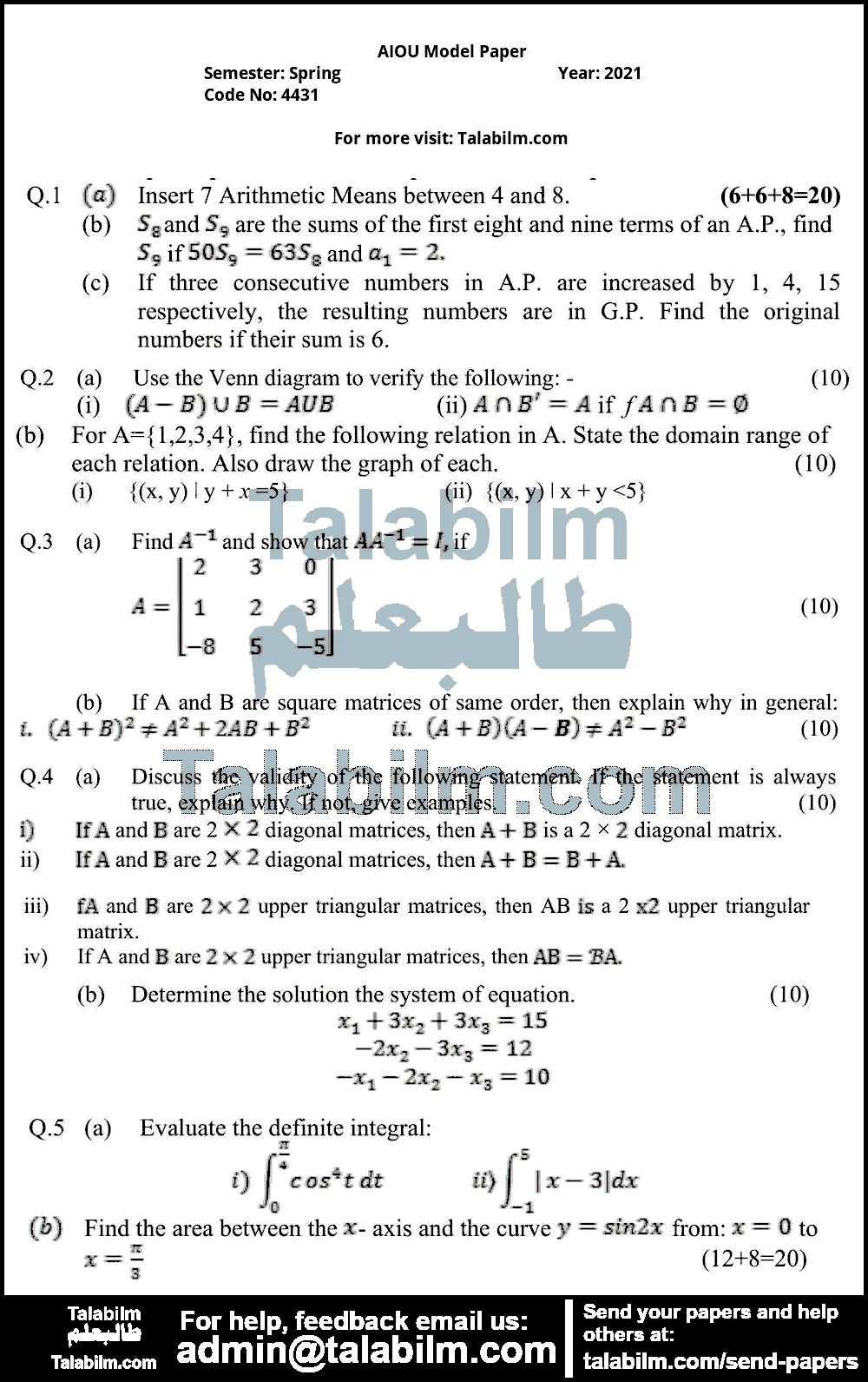 Pre-Calculus 4431 past paper for Spring Model Papers 2021