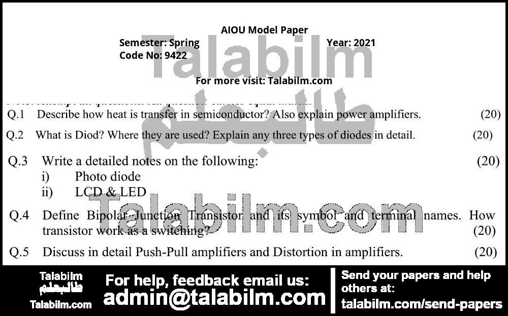 Basic Electronics 9422 past paper for Spring Model Papers 2021