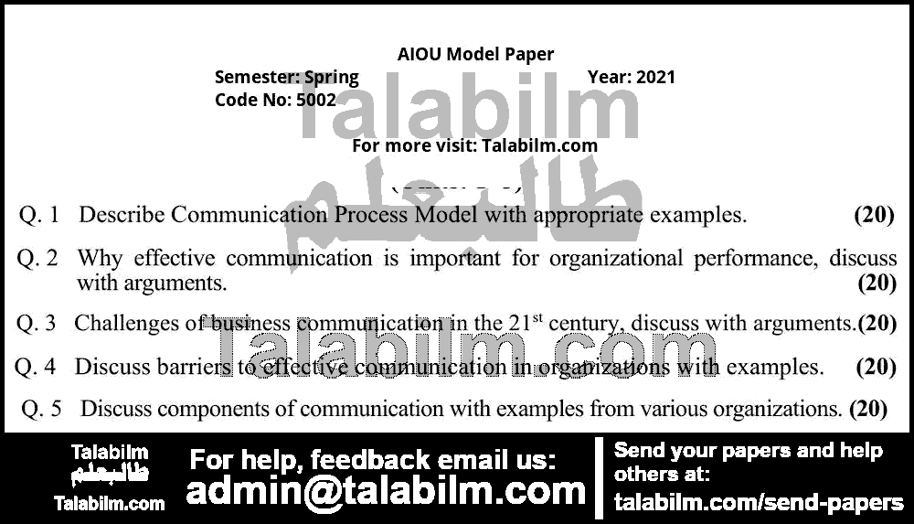 Business Communications 5002 past paper for Spring Model Papers 2021