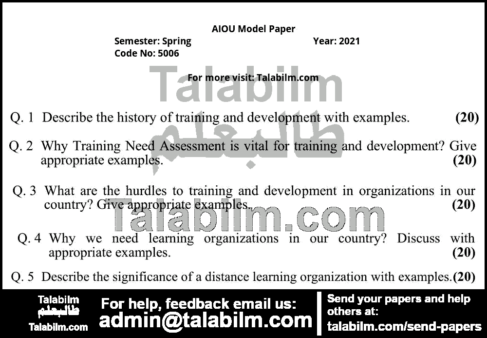 Training & Development 5006 past paper for Spring Model Papers 2021