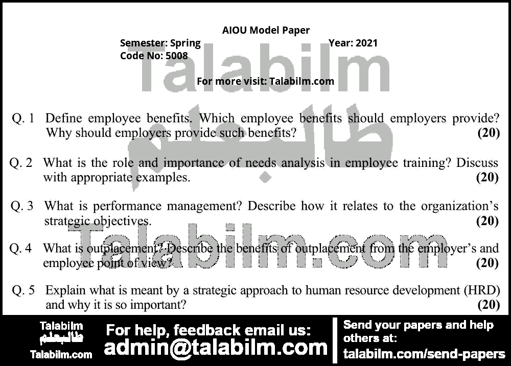 Human Resource Change Management 5008 past paper for Spring Model Papers 2021