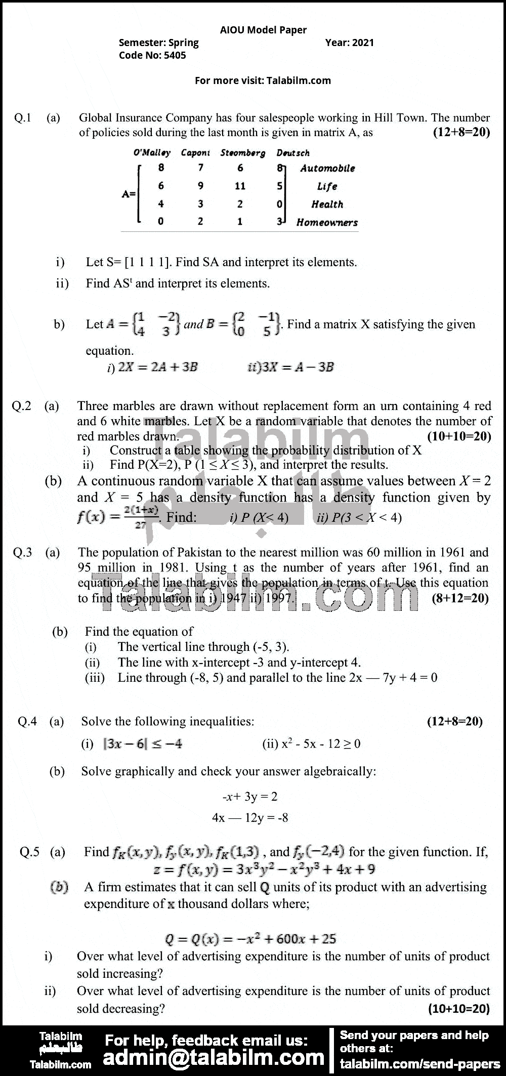 Applied Mathematics for Business and Social Sciences 5405 past paper for Spring Model Papers 2021