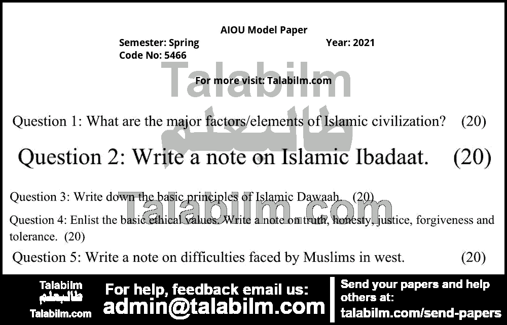 Islamic Studies 5466 past paper for Spring Model Papers 2021