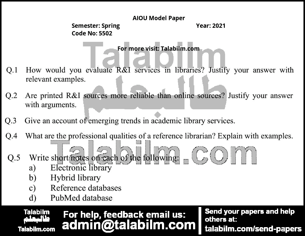 Information Sources & Services 5502 past paper for Spring Model Papers 2021