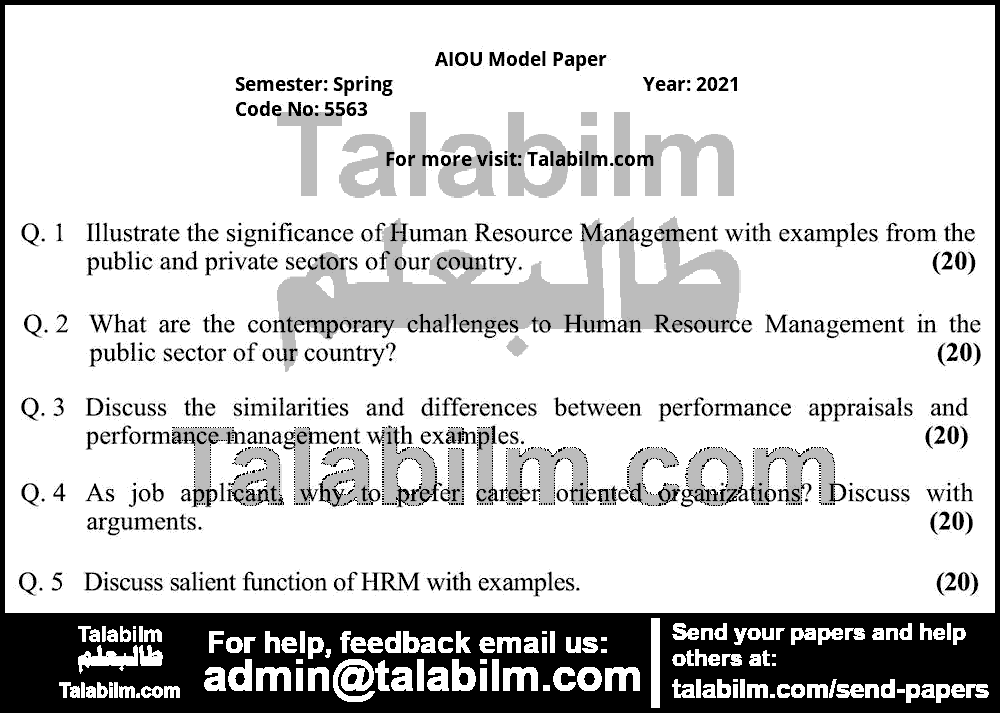 Managing Human Resources 5563 past paper for Spring Model Papers 2021