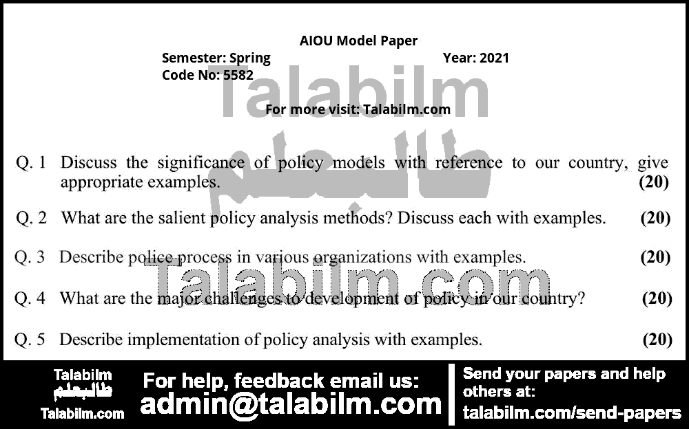 Policy Analysis & Implementaion 5582 past paper for Spring Model Papers 2021