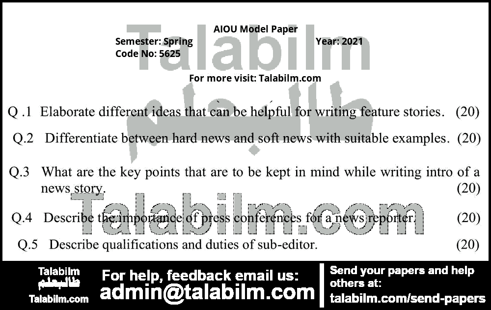 Print Media Part-I 5625 past paper for Spring Model Papers 2021