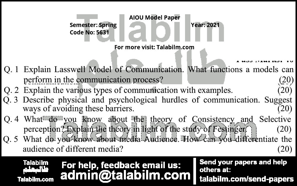 Mass Communication-I 5631 past paper for Spring Model Papers 2021