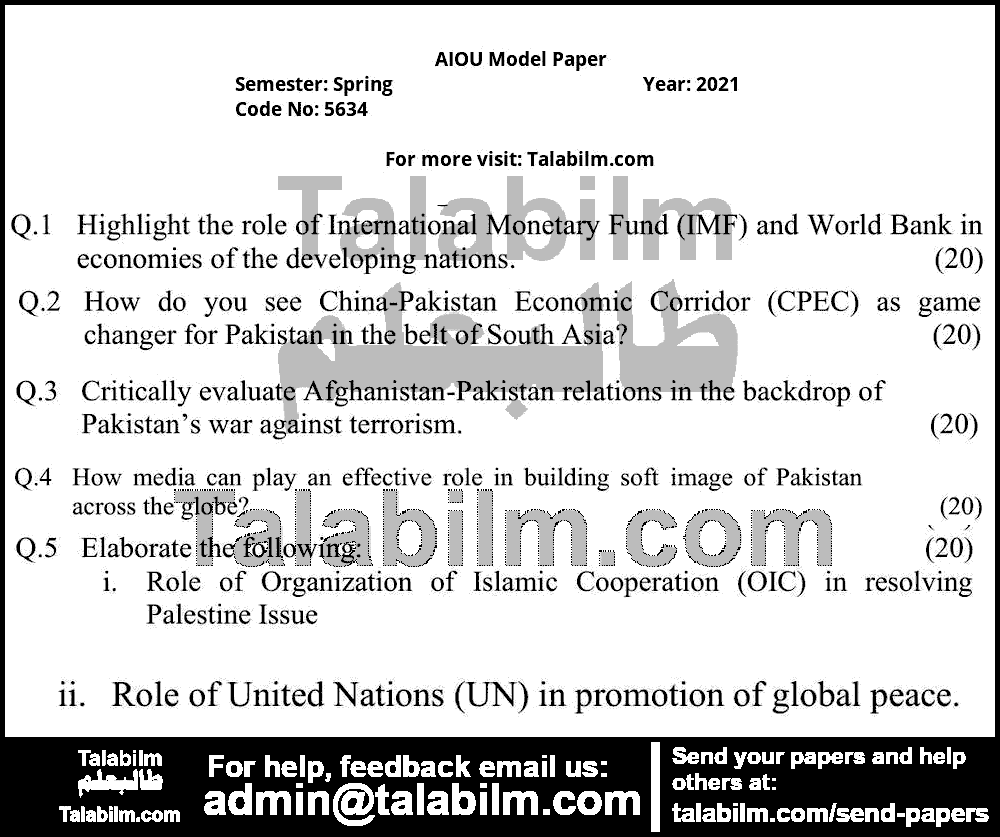 National & international Current Affairs-II 5634 past paper for Spring Model Papers 2021