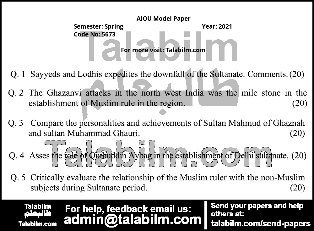 Muslims in India (712-1526) 5673 past paper for Spring Model Papers 2021