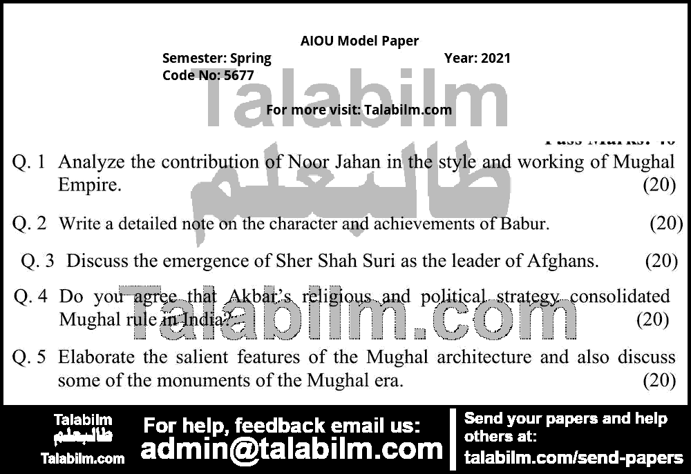 Mughal Rule in India (1526-1707) 5677 past paper for Spring Model Papers 2021