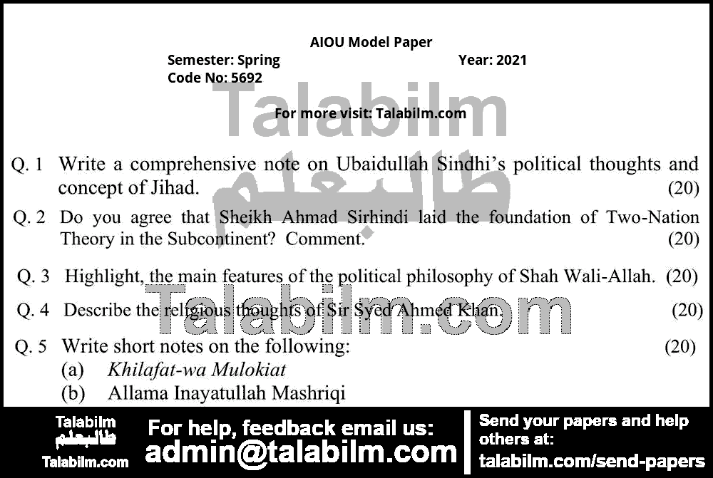 Muslim Political Thought in India 5692 past paper for Spring Model Papers 2021