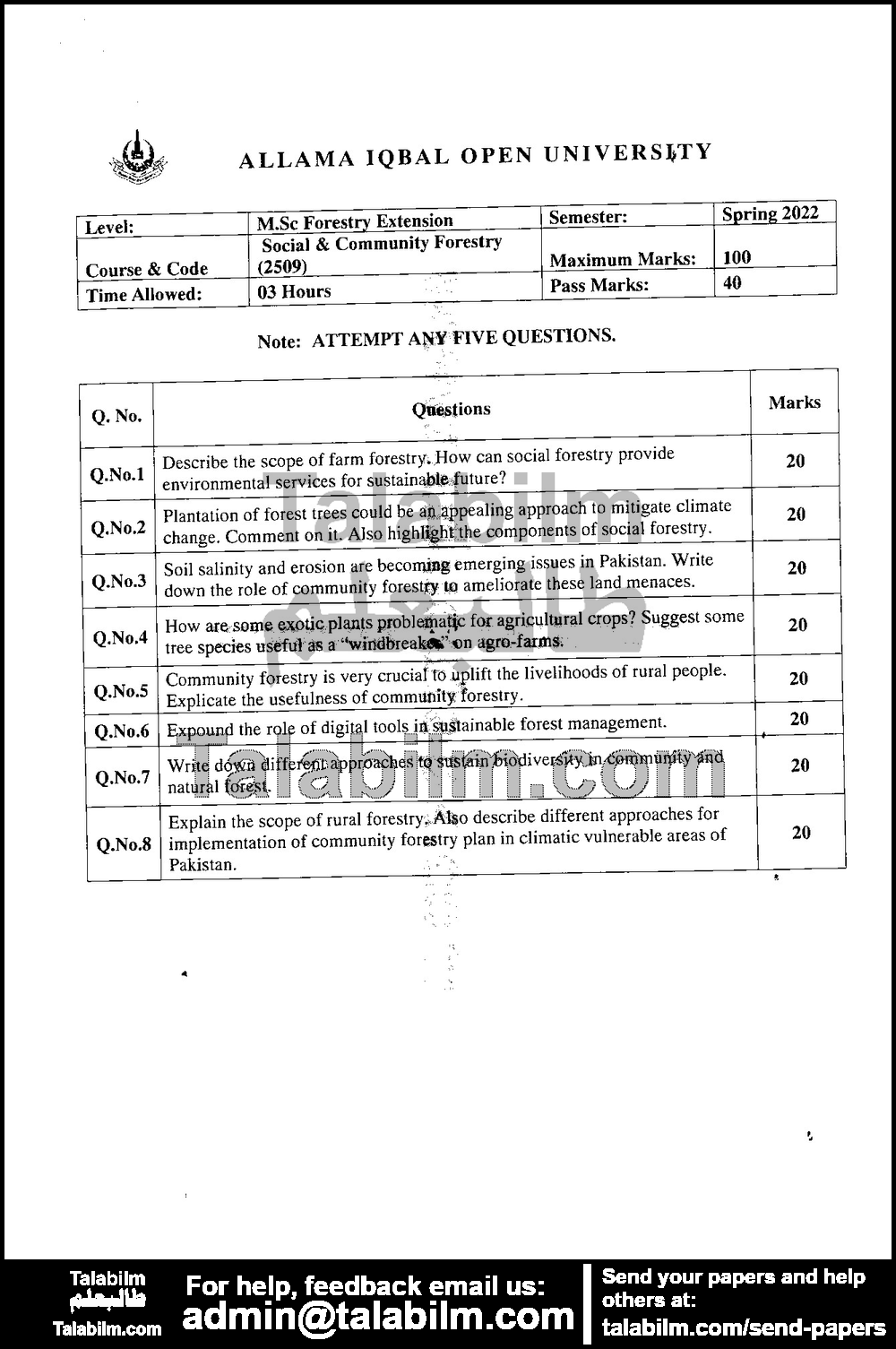 Social & Community Forestry 2509 past paper for Spring 2022 Page No. 2