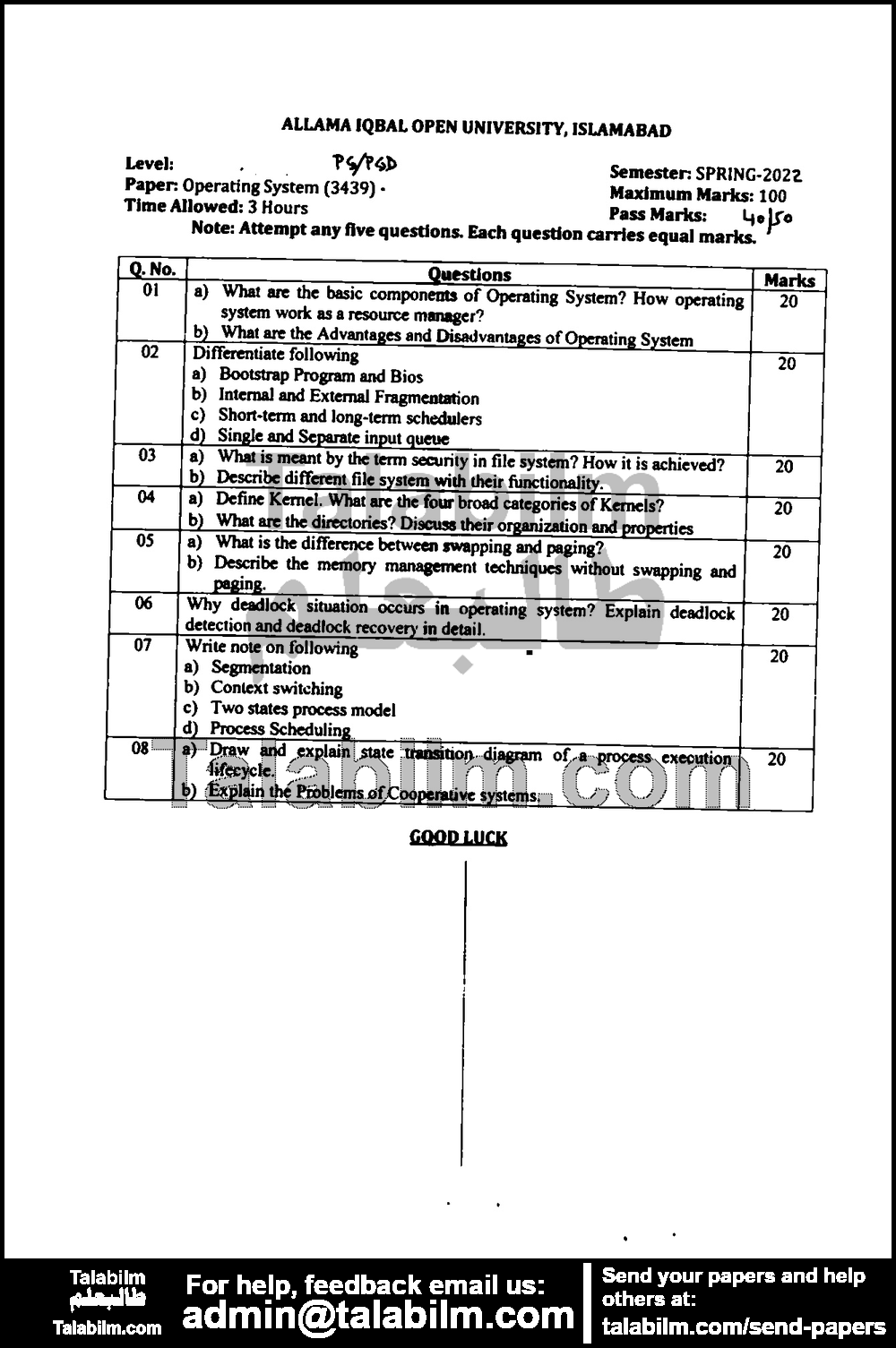 Operating System 3439 past paper for Spring 2022 Page No. 2