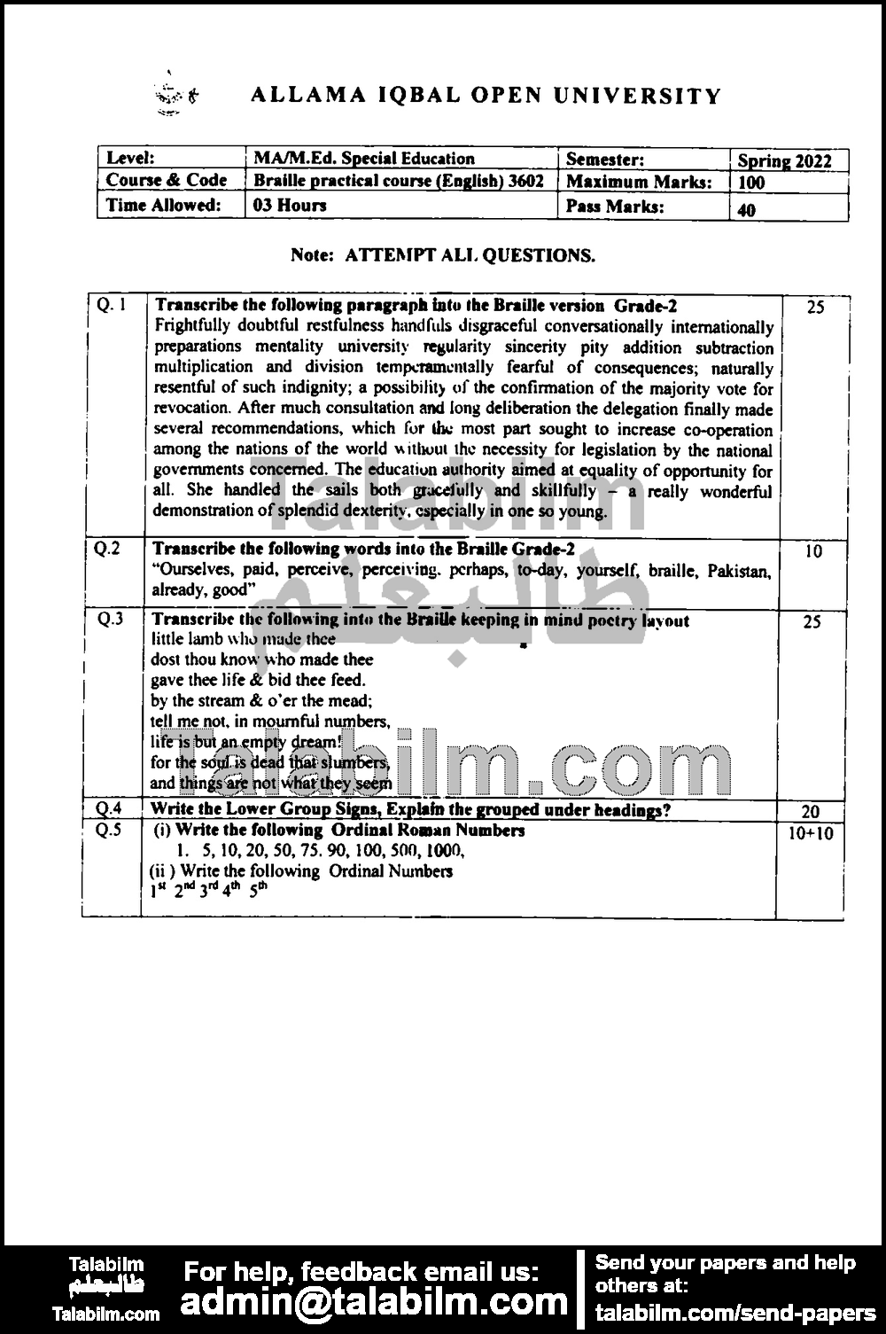 Braille Practical Course-English 3602 past paper for Spring 2022 Page No. 2