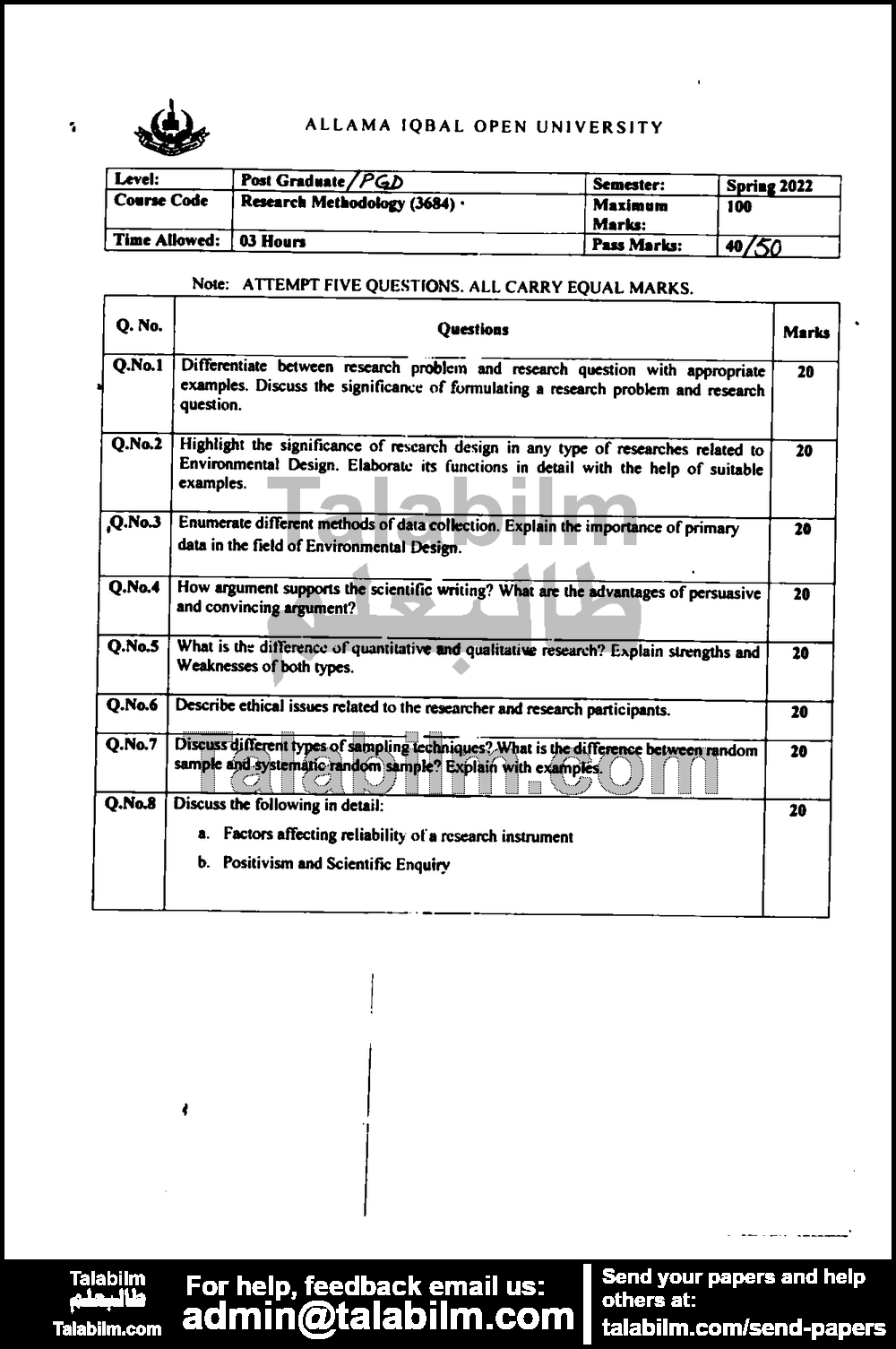 Research Methods 3684 past paper for Spring 2022