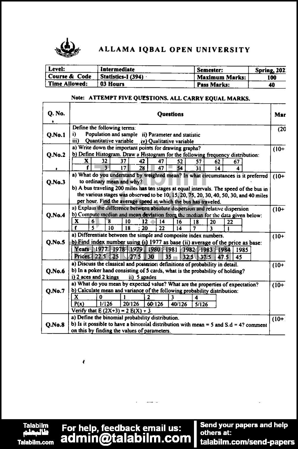 Statistics-I 394 past paper for Spring 2022 Page No. 2