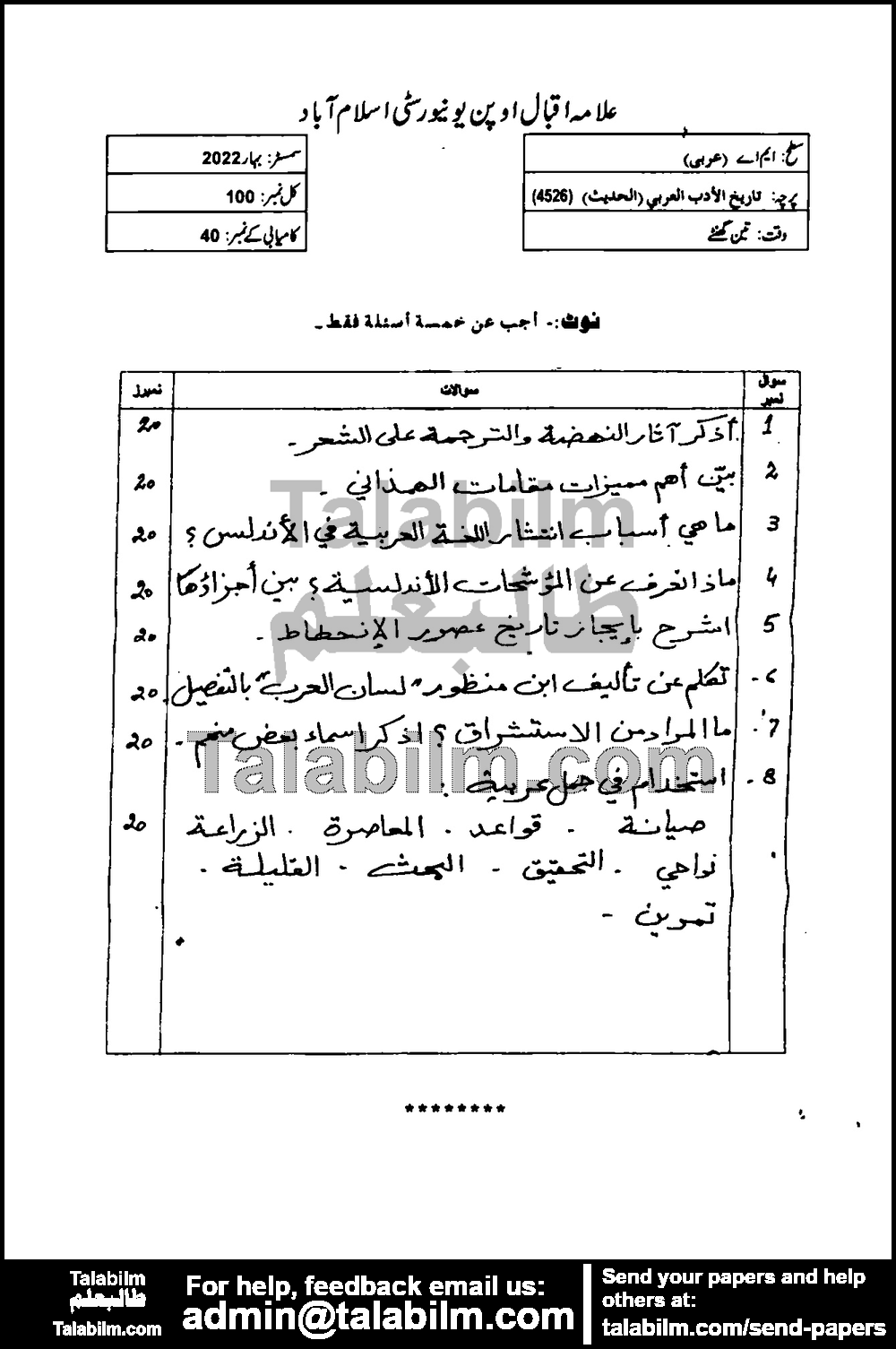 History of Arabic Literature (Modern) 4526 past paper for Spring 2022 Page No. 2