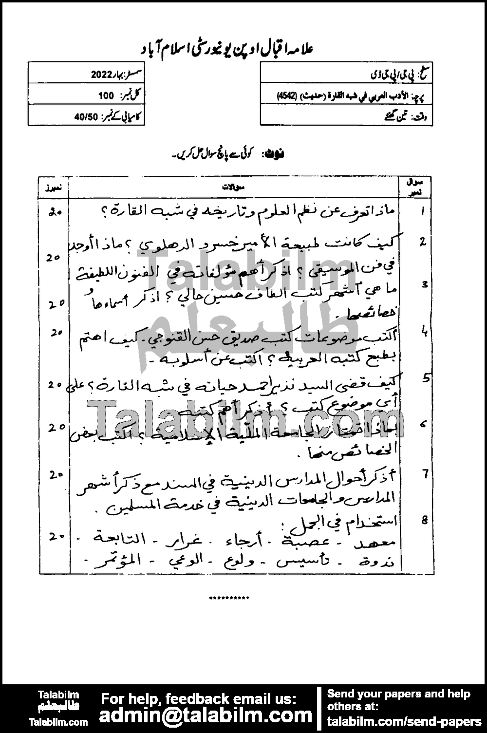 Arabic Literature in Sub Continent-II 4542 past paper for Spring 2022