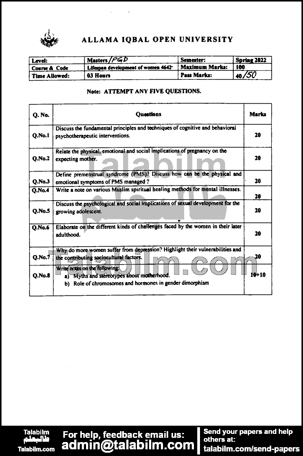 Lifespan Development of Women: A Psychosocial Context 4642 past paper for Spring 2022 Page No. 2