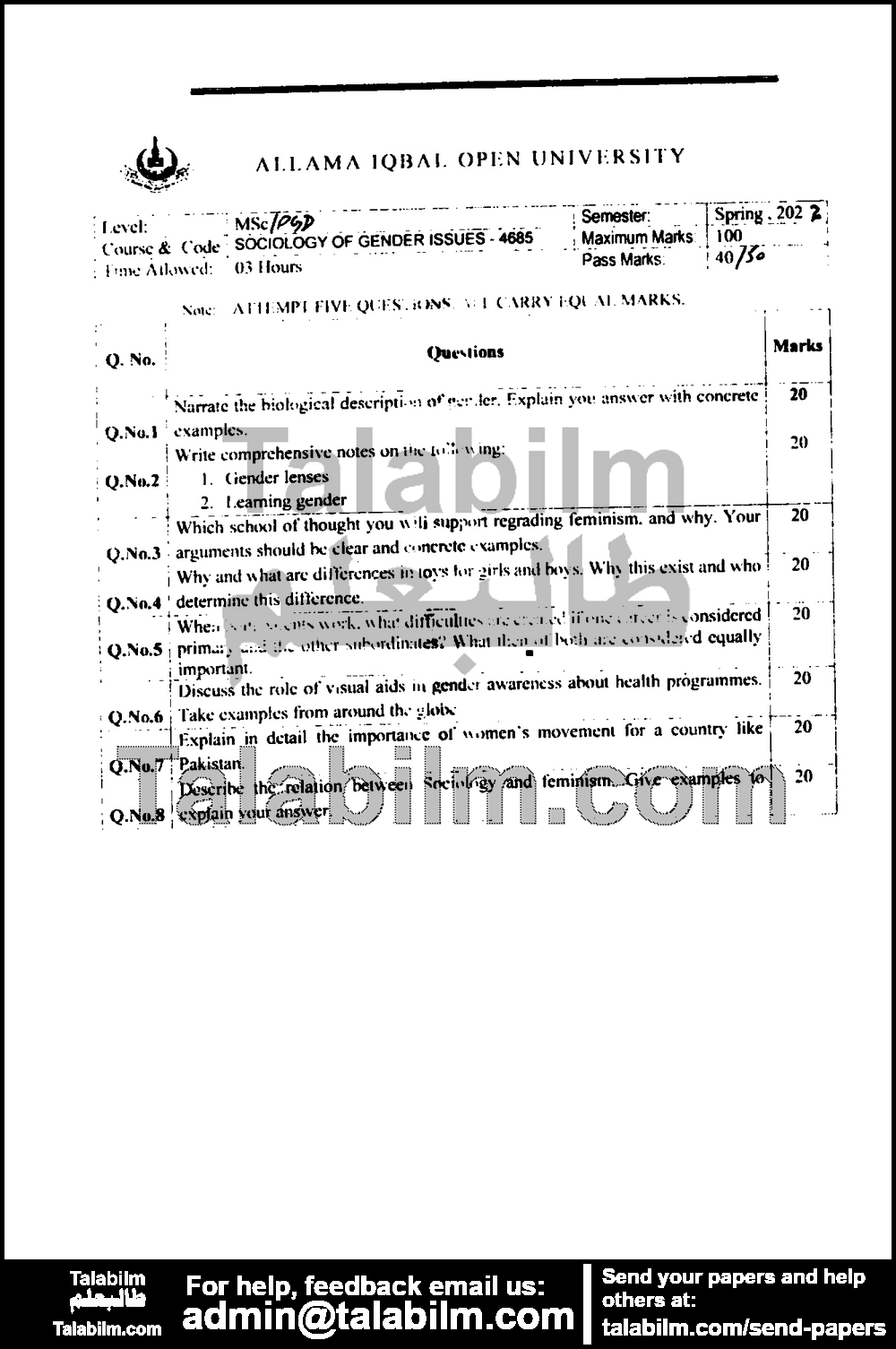 Sociology of Gender Issues 4685 past paper for Spring 2022 Page No. 2