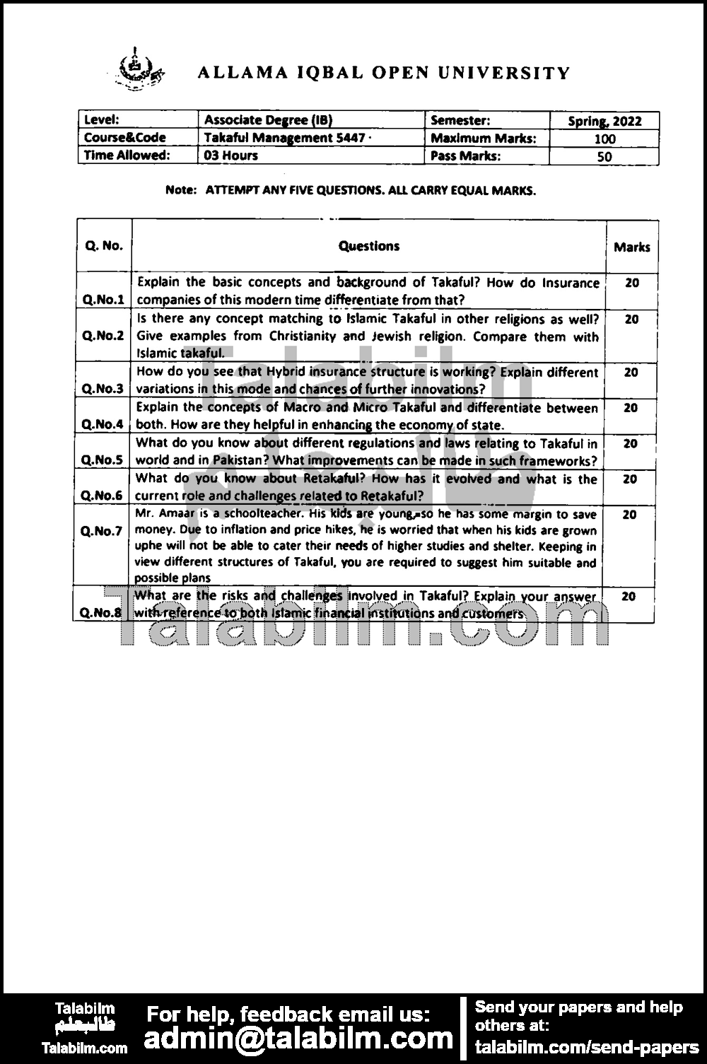 Takaful Management 5447 past paper for Spring 2022