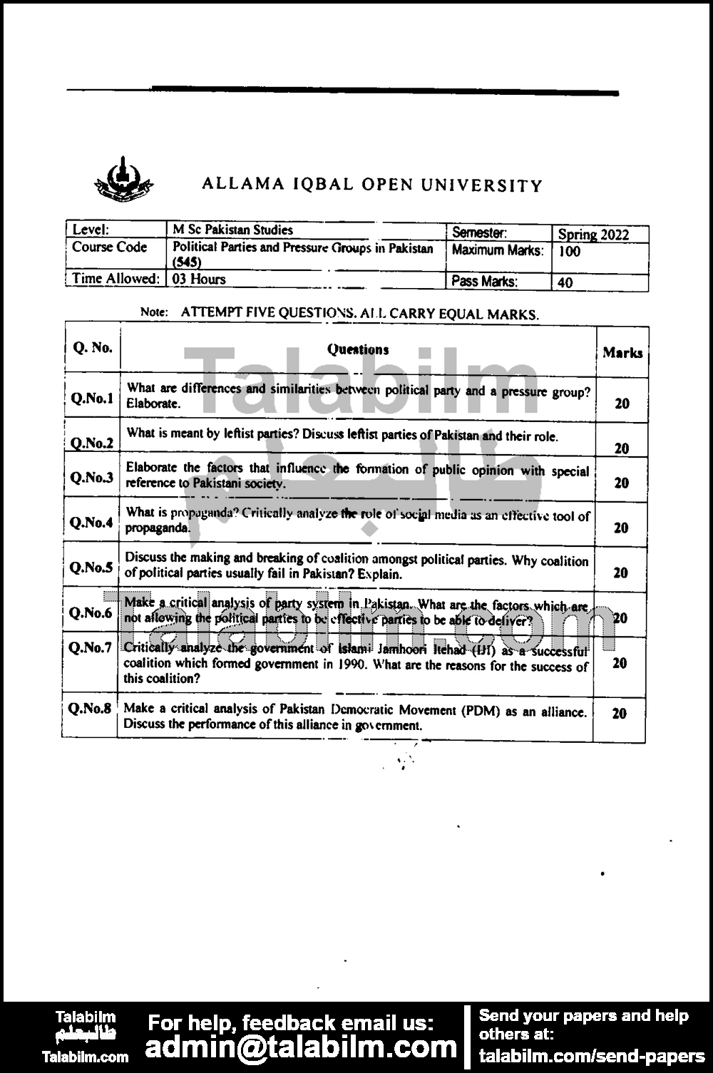 Political Parties & Pressure Groups in Pakistan 545 past paper for Spring 2022