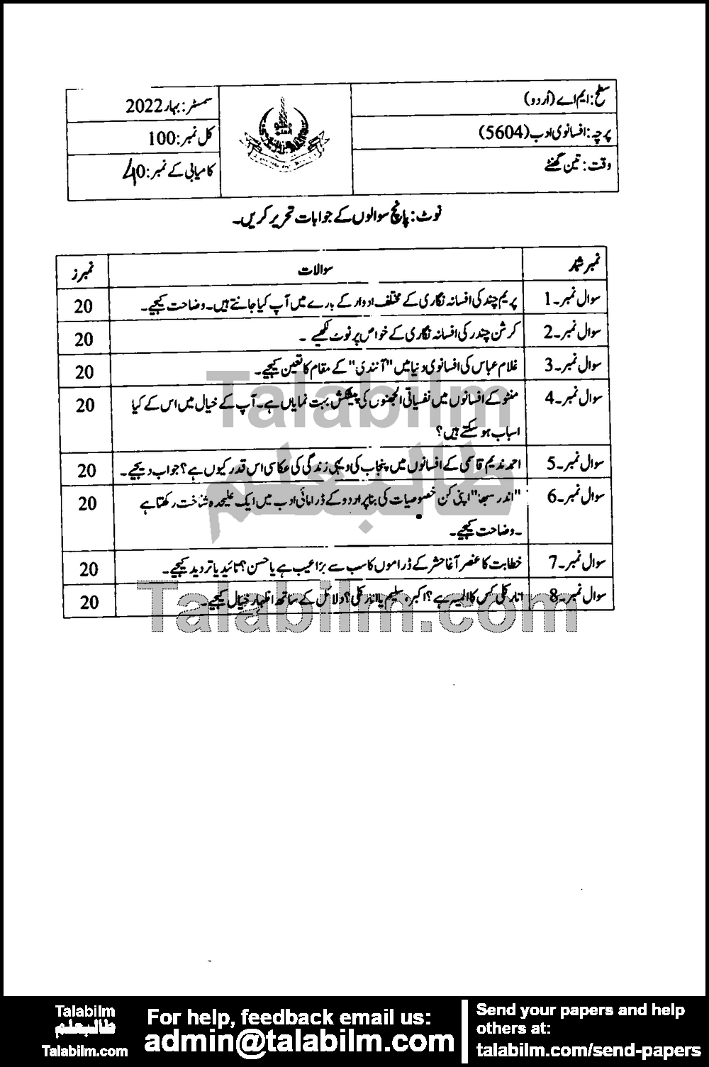Urdu Fiction-II 5604 past paper for Spring 2022