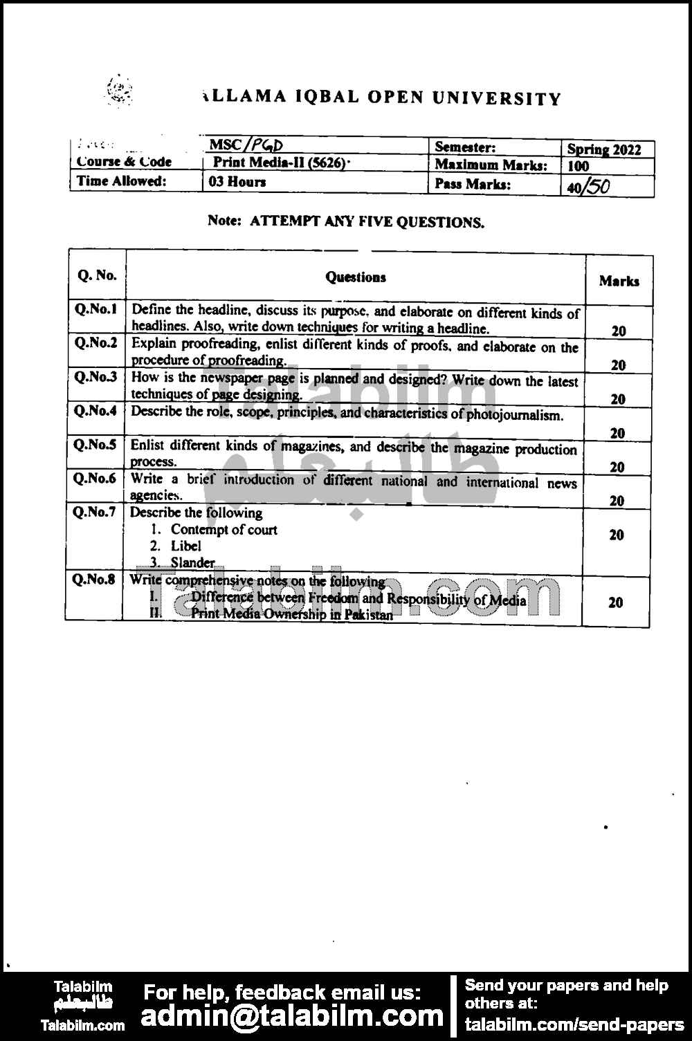 Print Media Part-II 5626 past paper for Spring 2022 Page No. 2